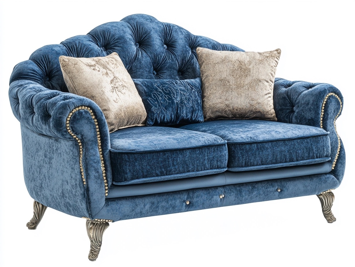 Sofá clásico de dos plazas en terciopelo azul para sala de estar con patas ornamentales detalle capitoné y cojines decorativos 160x90x95 cm dt1144518