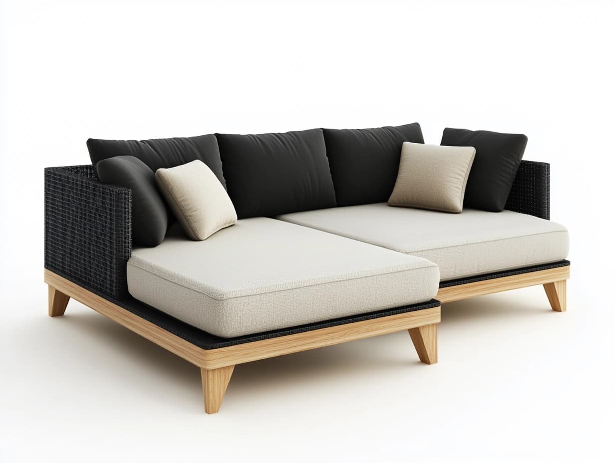 Sofá modular 2 plazas mimbre tejido cojines poliéster negro/beige