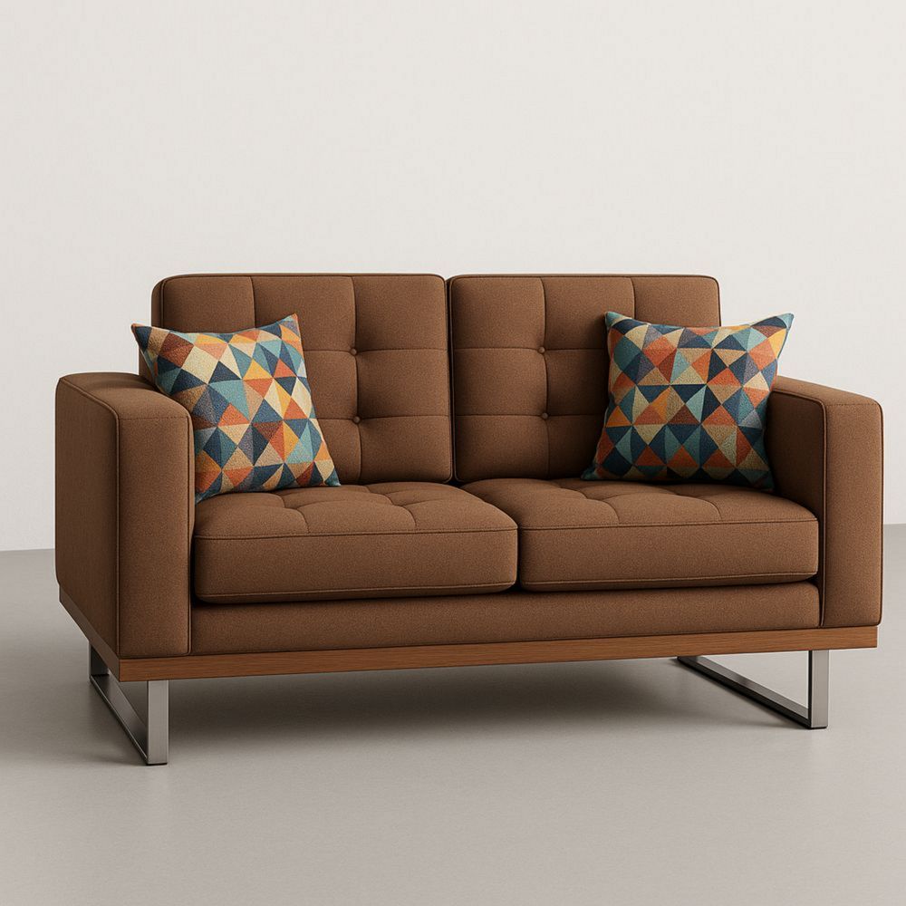 Sofá de dos plazas de estructura metálica marrón con cojines geométricos