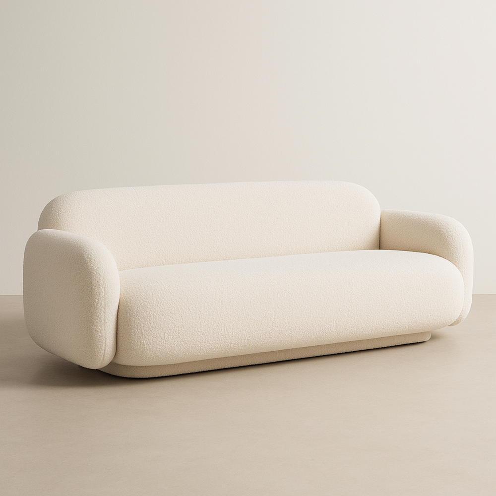 Sofá de 3 Plazas en Poliéster Color Crema con Diseño Curvo y Estructura de Madera Maciza, 220 x 90 x 75 cm