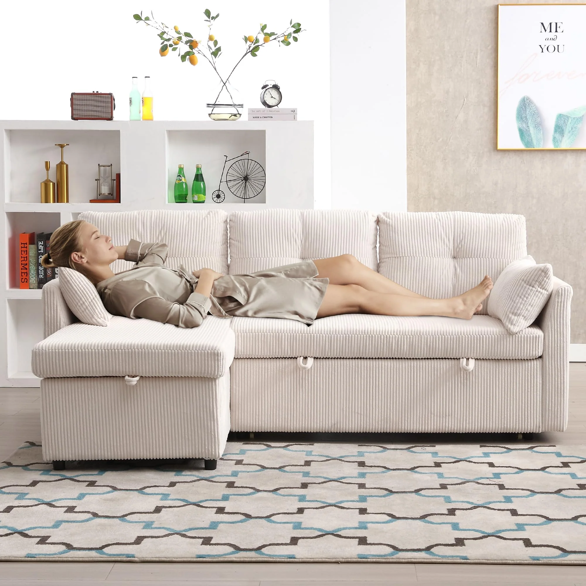 Sofá cama multifuncional en L beige con chaise longue