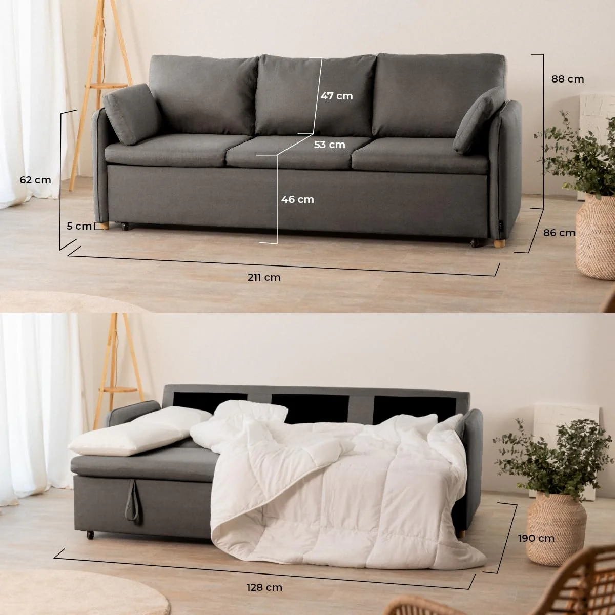 Sofá cama 3 plazas convertible gris oscuro con almohadas