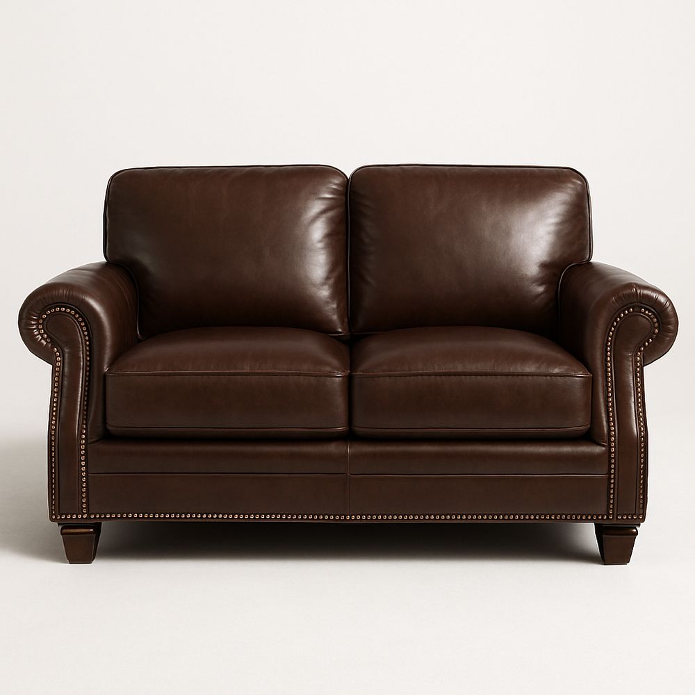 Sofá marrón oscuro 2 plazas 150x85x90 cm con brazos enrollados y detalles de tachuelas