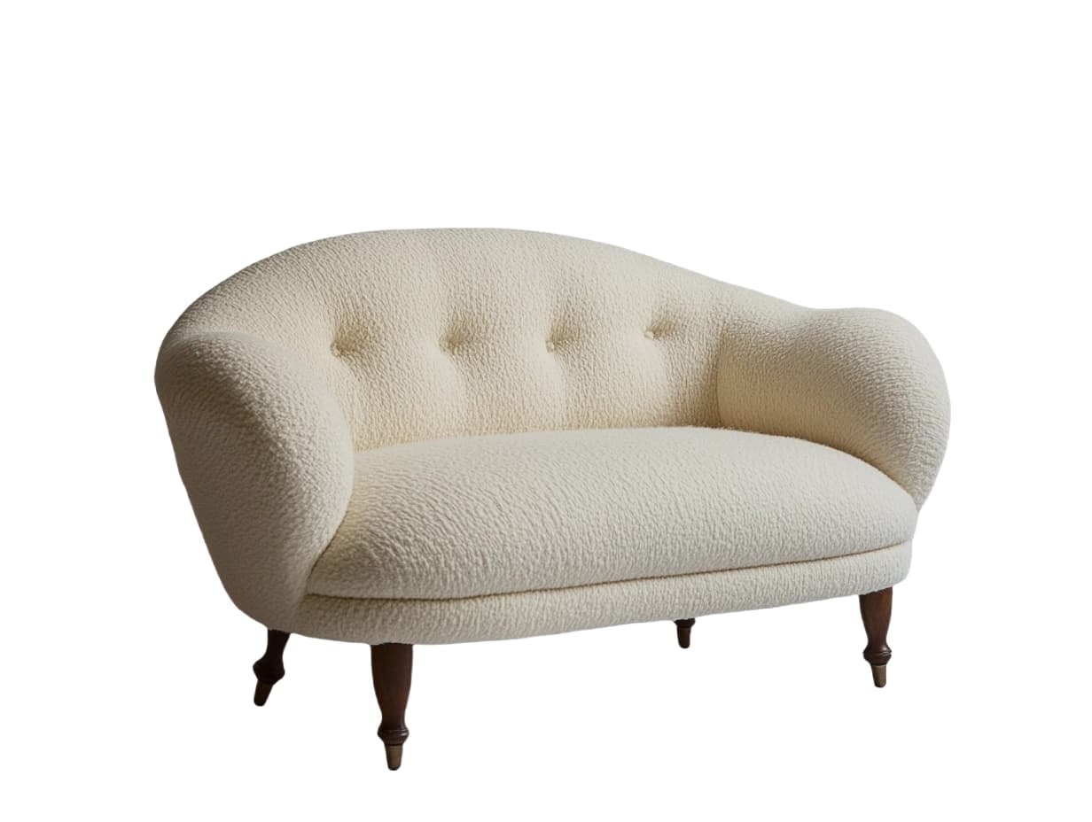 Sofá vintage de dos plazas tapizado en tela bouclé color crema para sala de estar, tamaño mediano