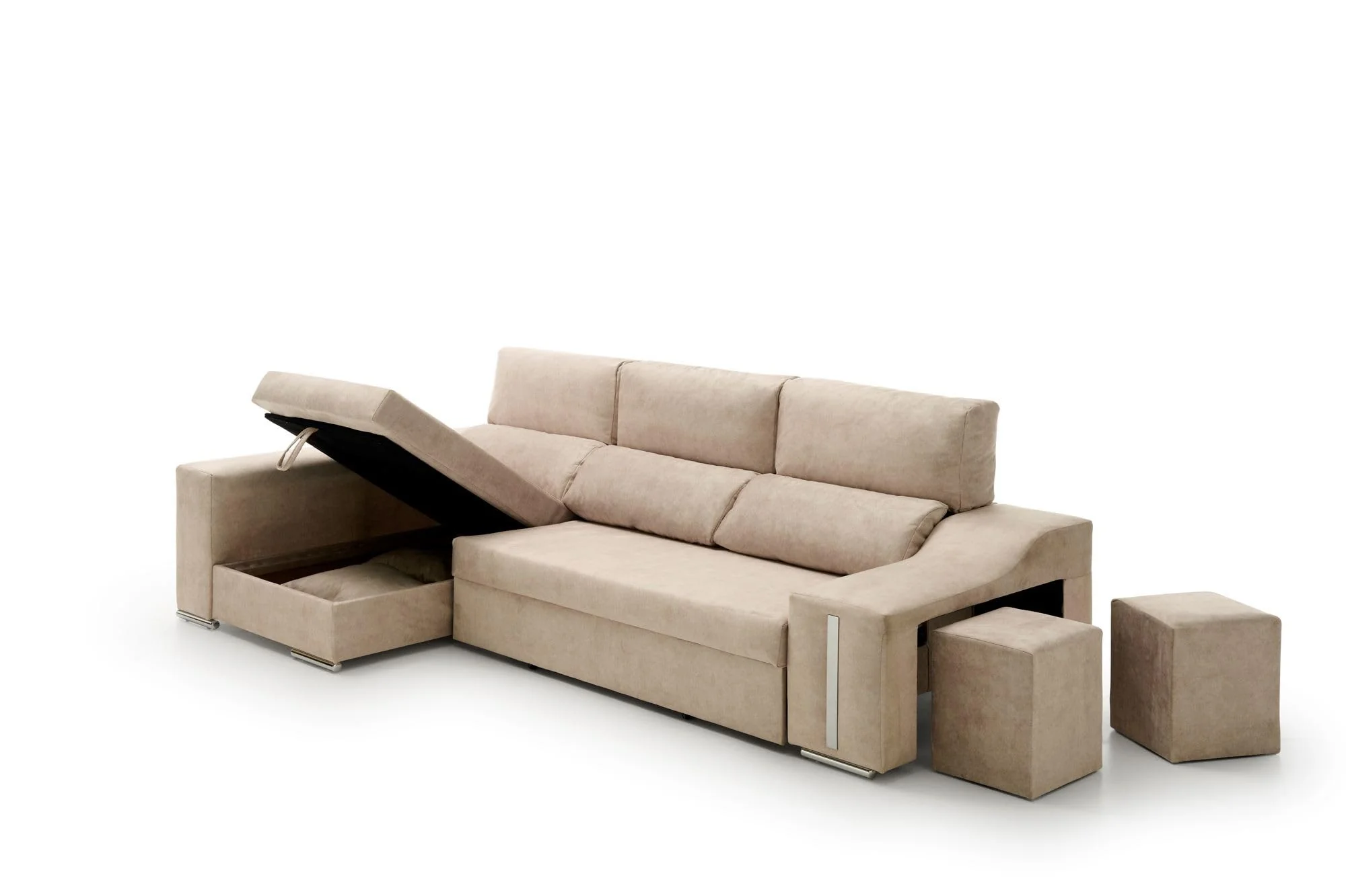 Sofá chaise longue cama con arcón y puff beige