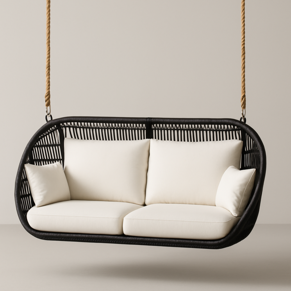 Sofá colgante 3 plazas negro y beige 200x90x70 cm con cojines