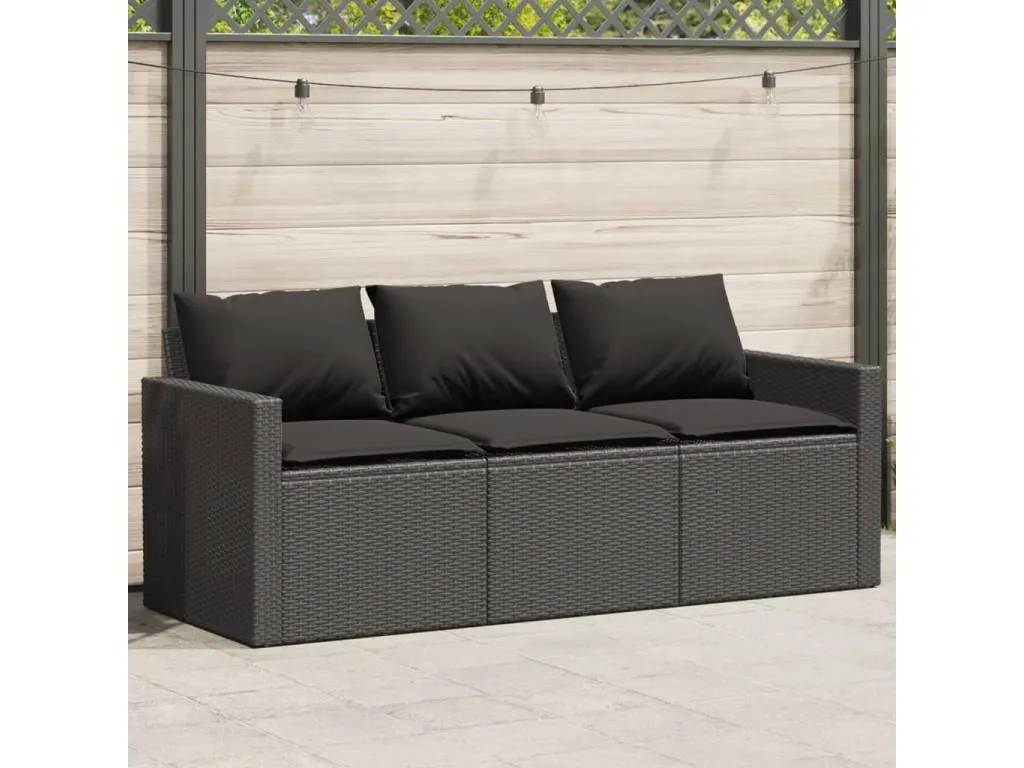 Sofá de jardín de 3 plazas con cojines ratán sintético negro