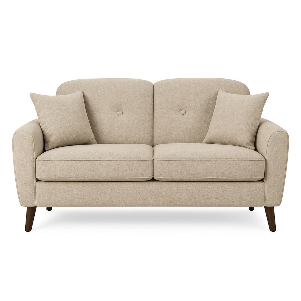 Sofá de dos plazas moderno en color beige, sofá tapizado de tela con cojines incluidos, estilo escandinavo, estructura de madera