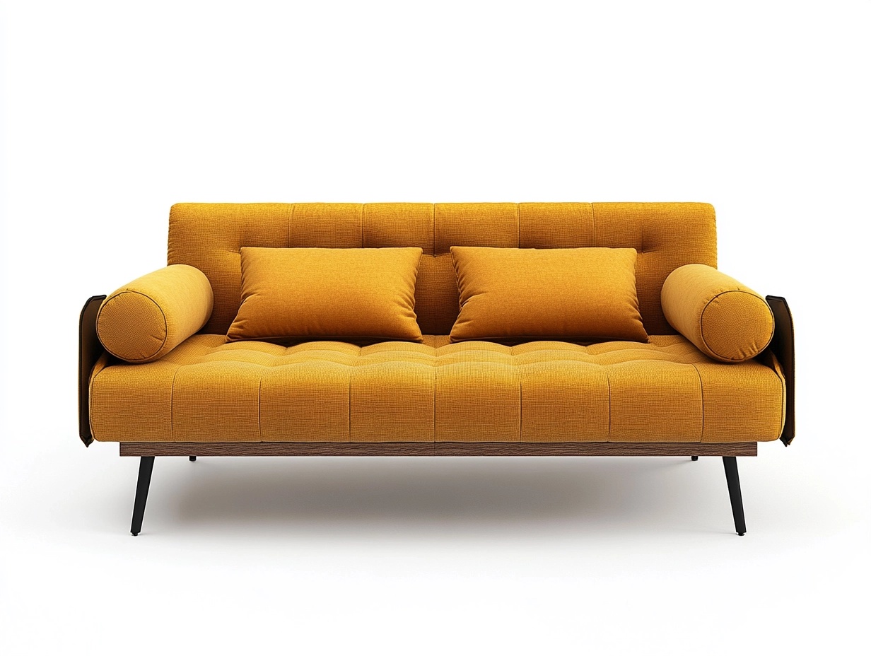 Sofá moderno mostaza de tres plazas tapizado en tela para sala de estar estructura de madera y patas metálicas diseño contemporáneo 210cm RY9723365