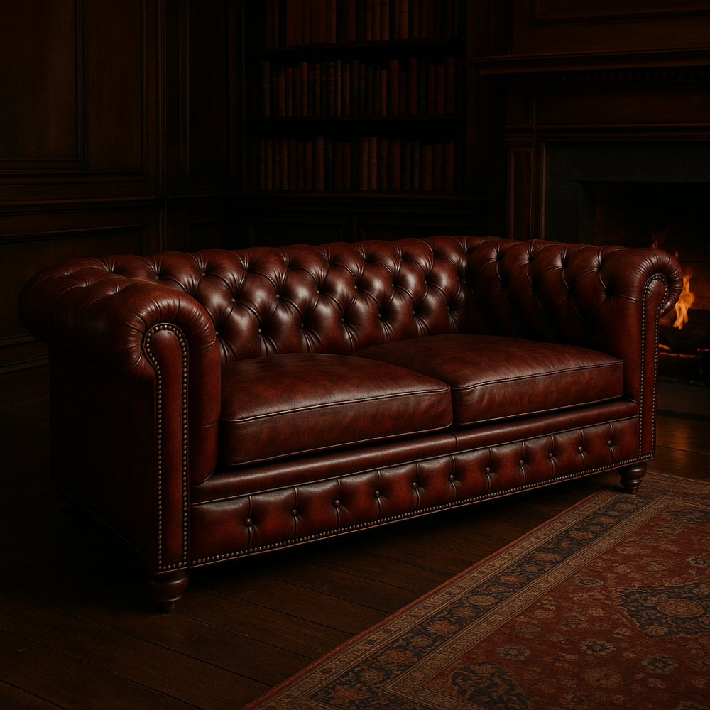 Sofá Chesterfield de 3 Plazas Marrón Oscuro en Cuero Genuino con Patas de Madera Maciza, 200 x 85 x 75 cm