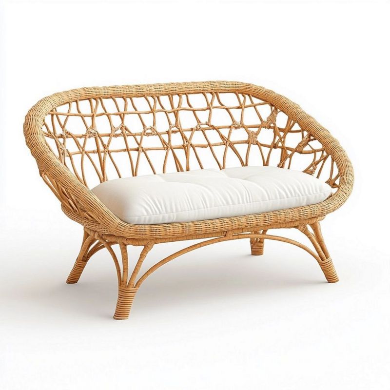 Sofá de Mimbre Natural Asiento de Jardín con Cojín Blanco 2 Plazas Estilo Moderno