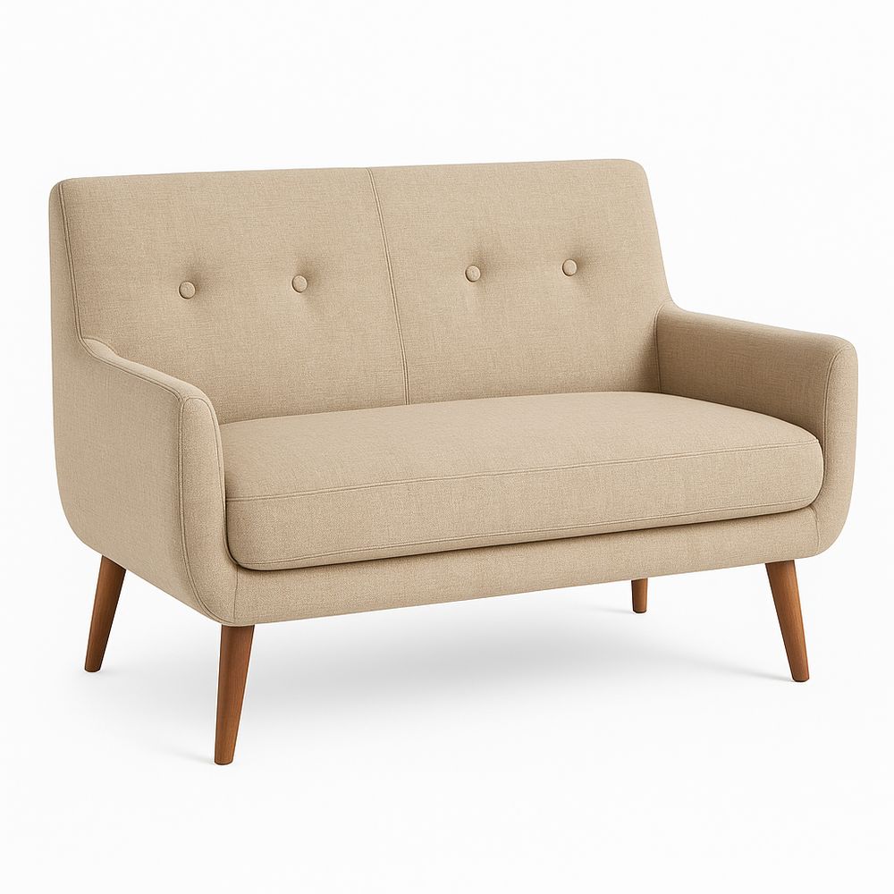 Sofá moderno de dos plazas, estructura de madera, tapizado en tela neutra, estilo escandinavo, ideal para salas de estar y espacios pequeños