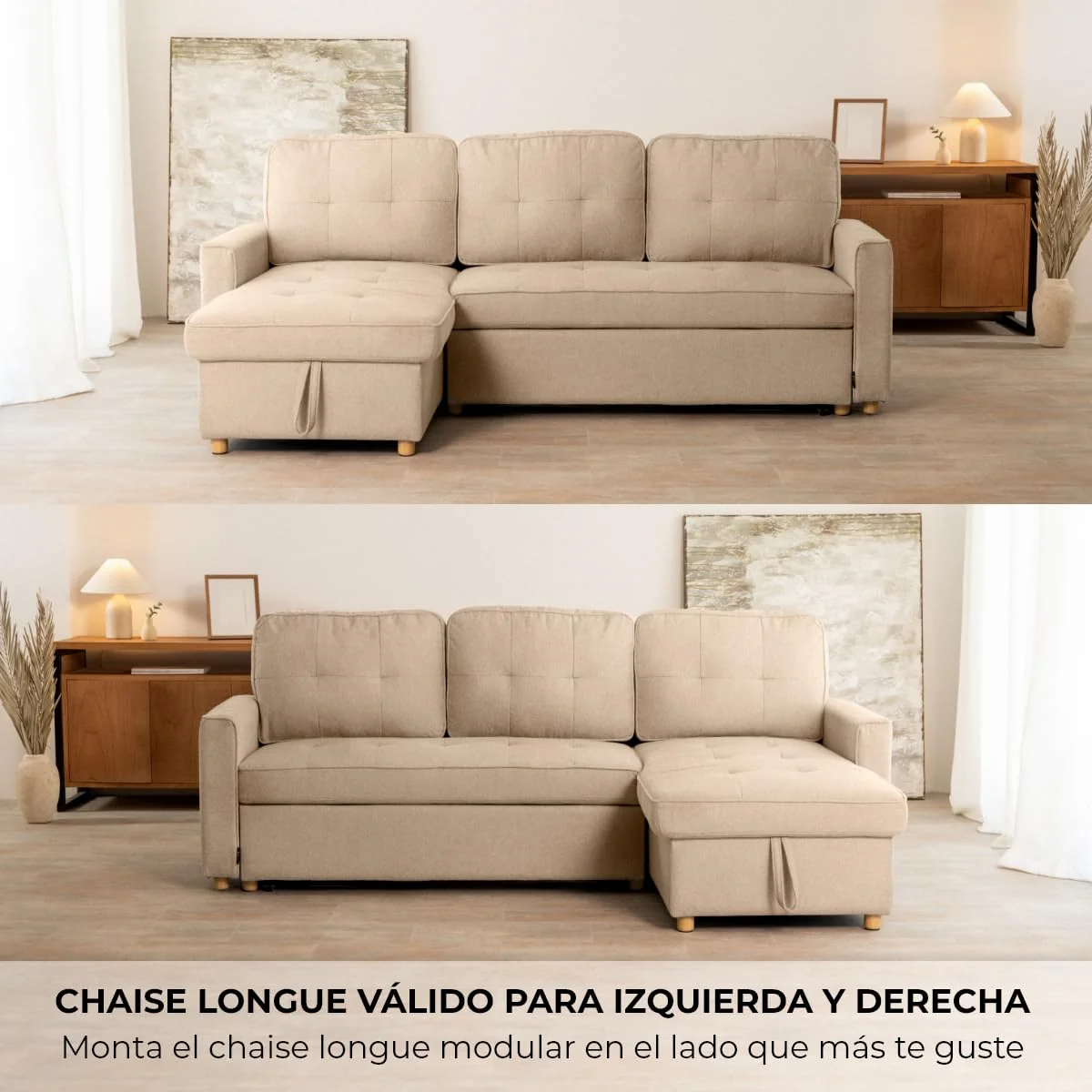 Sofá cama chaise longue reversible con arcón beige
