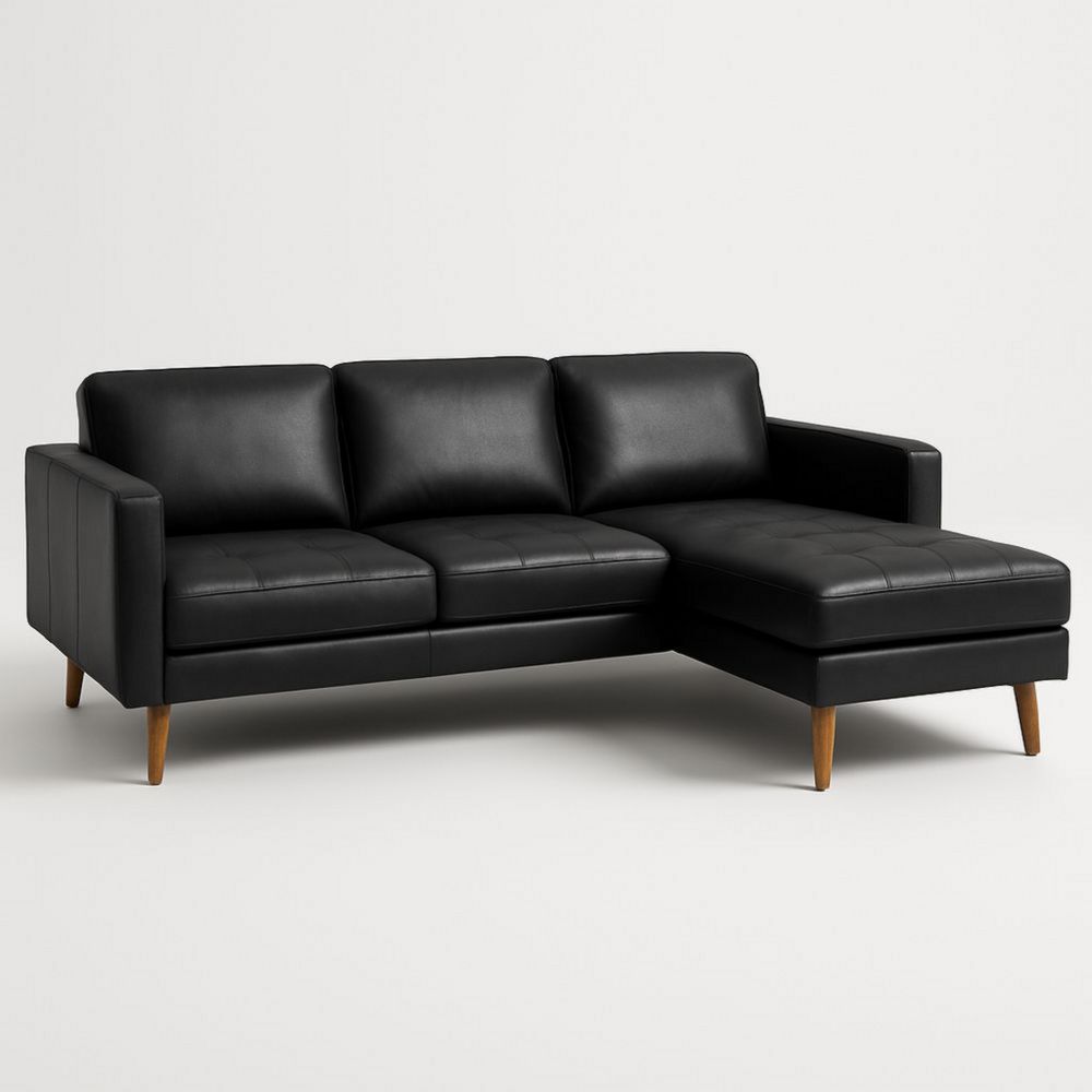 Sofá Seccional L de Piel Negro con Patas de Madera 3 Plazas