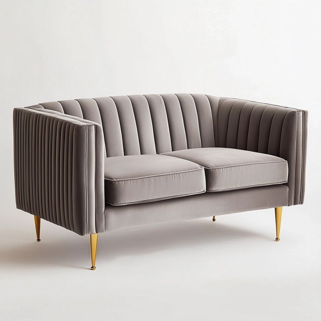 Sofá de dos plazas tapizado en terciopelo gris con patas metálicas 150 cm