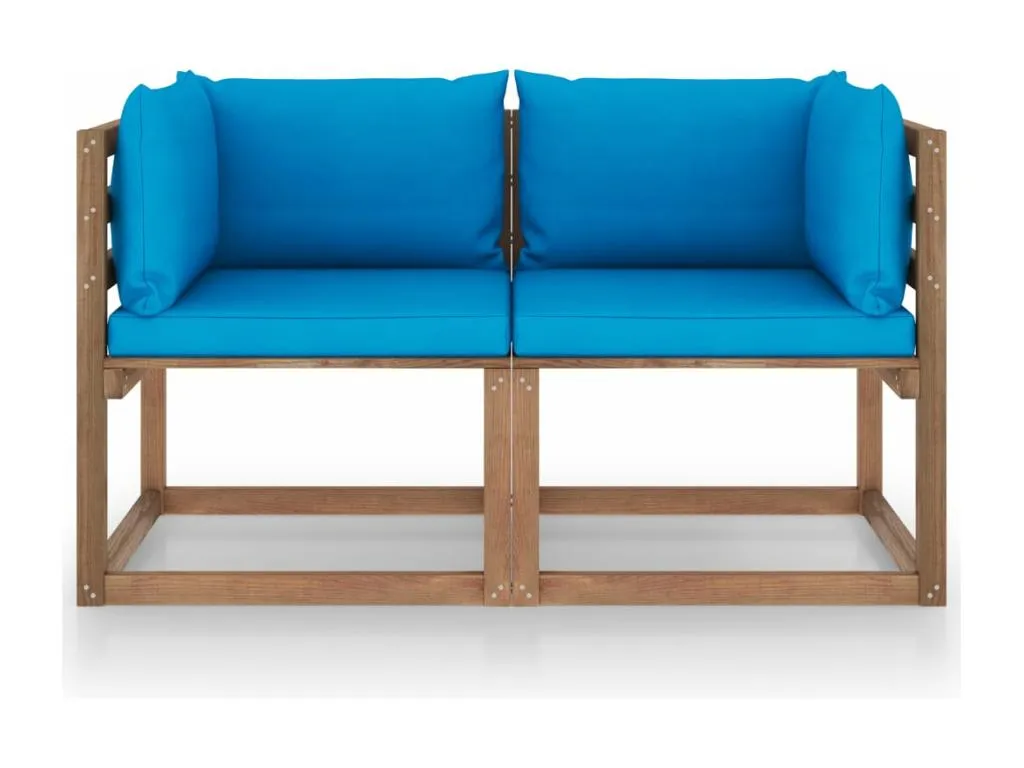 Sofá de jardín de palets de 2 plazas con cojines azul claro
