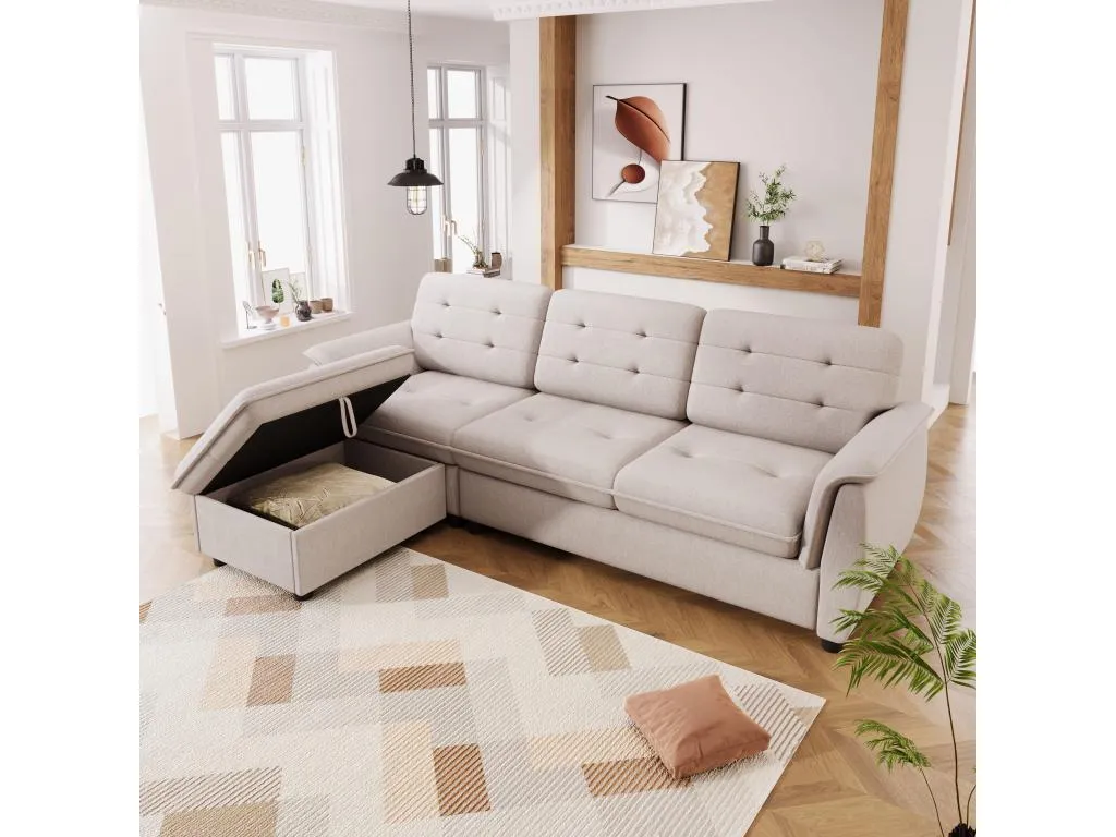 Sofá esquinero de 4 plazas con reposapiés y almacenaje - 239x139x84 cm - Esponja y Habitarluz - Beige OKDU35147