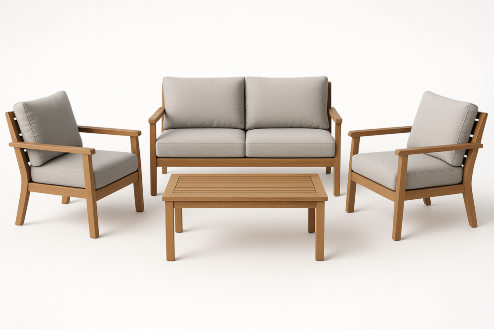 Conjunto de jardín exterior con sofá 2 plazas, sillones y mesa de centro para terraza o balcón