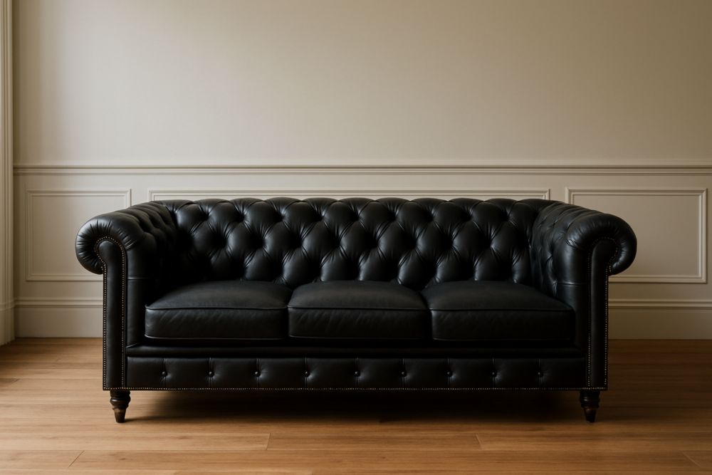 Sofá de tres plazas de cuero negro con acabados capitoné