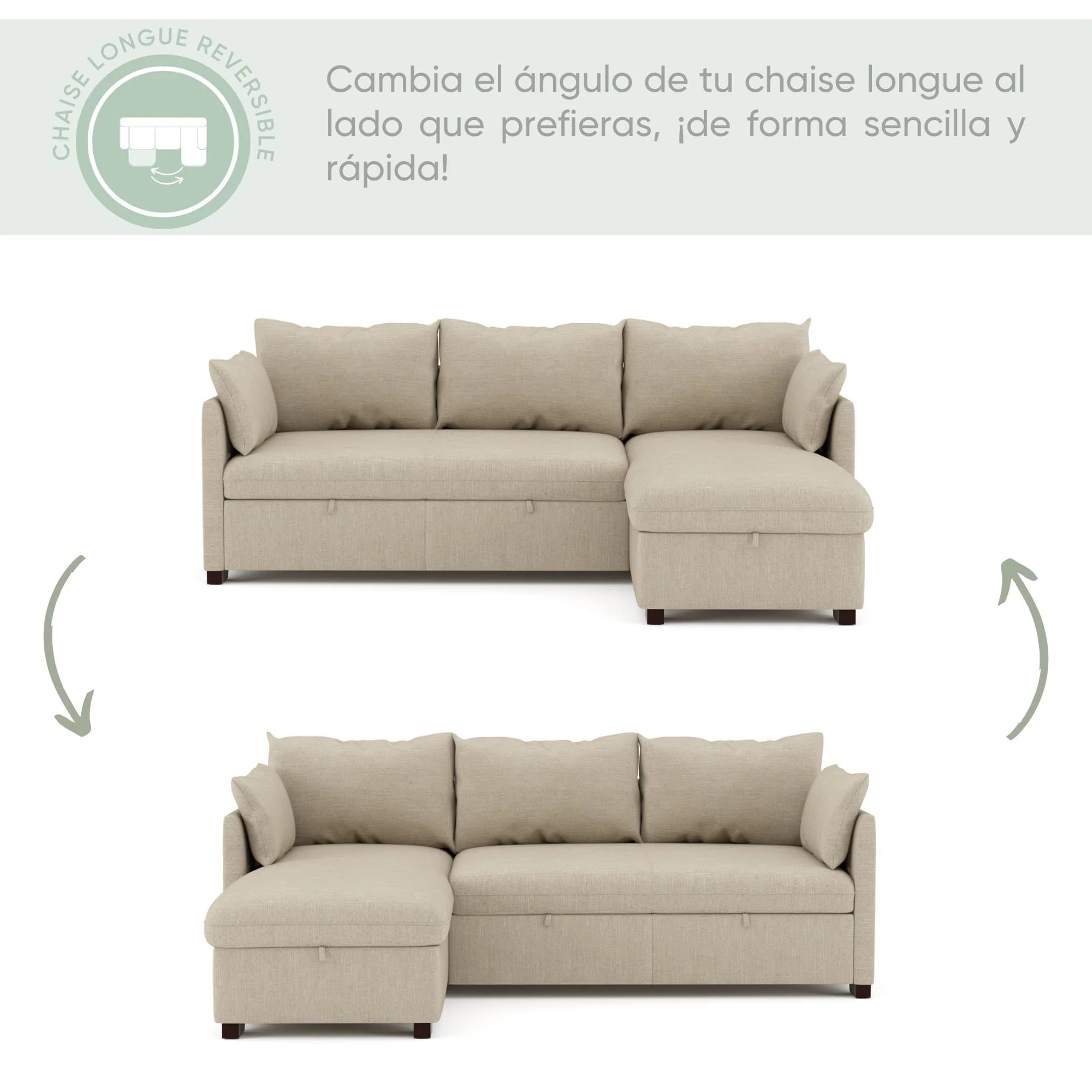 Sofá cama esquinero 4 plazas beige con arcón