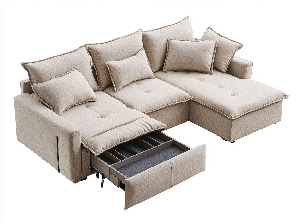 Sofá cama esquinero con chaise longue y cajón de almacenamiento en lino beige para salón moderno RY8499544