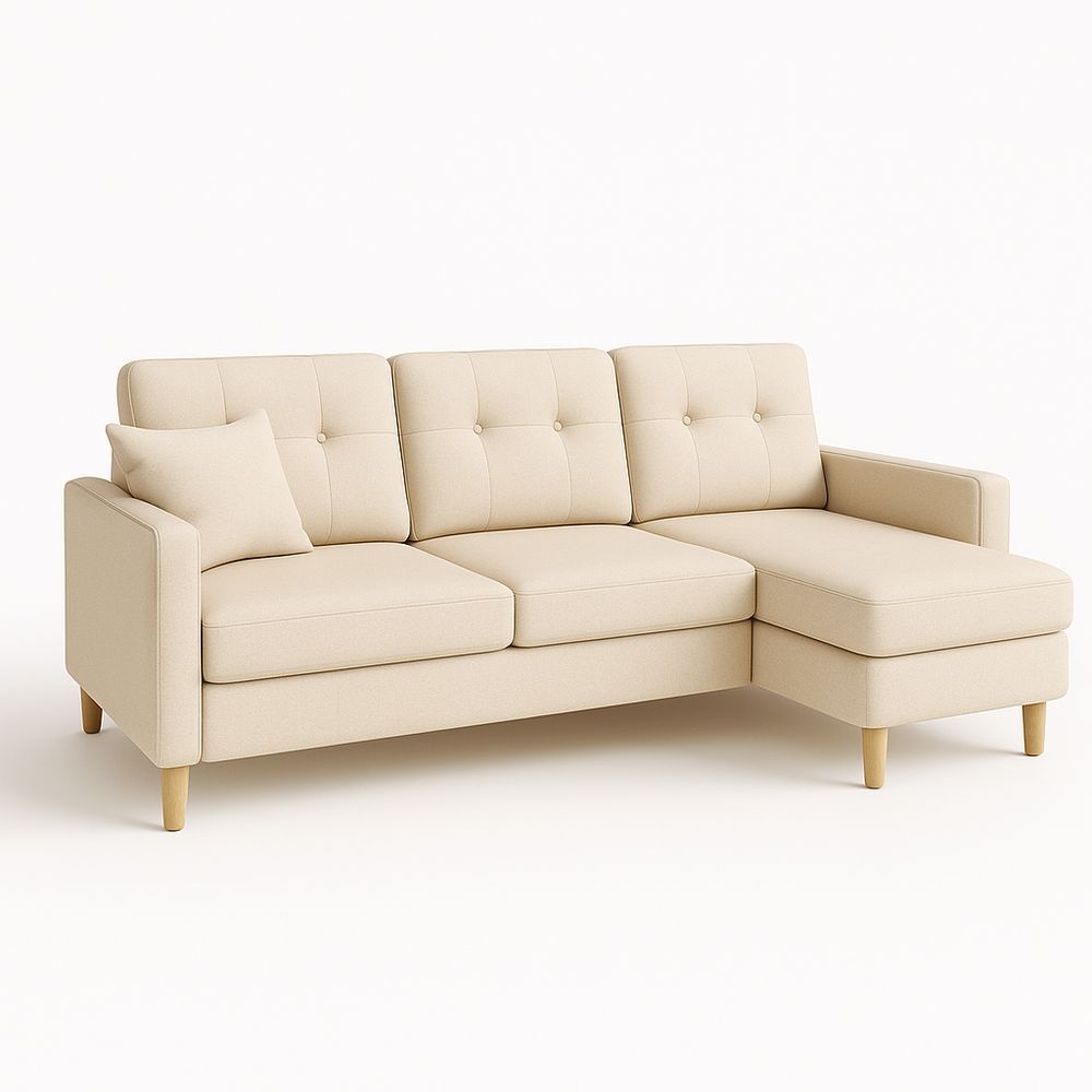 Sofá Esquinero Beige para Sala de Estar 3 Plazas Tela Moderna