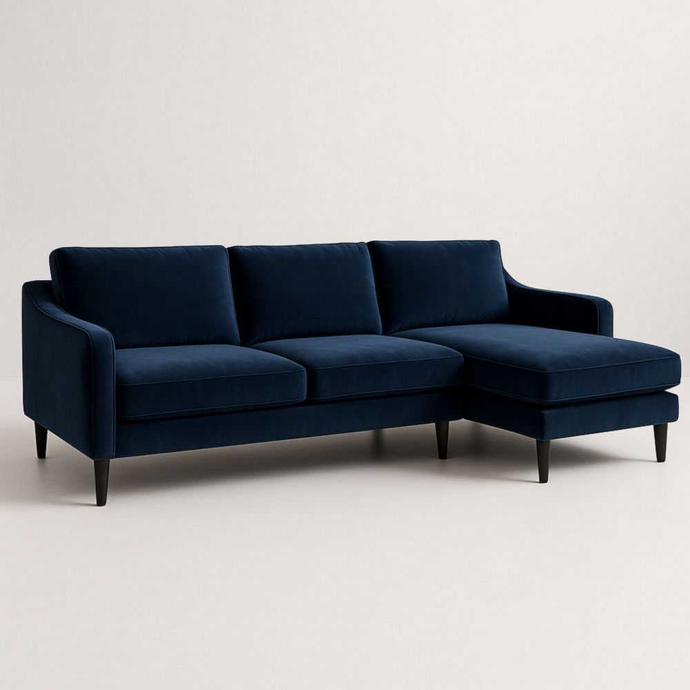 Sofá Seccional de Tela Terciopelo Azul Oscuro con Chaise Longue y Patas de Madera, 276 cm