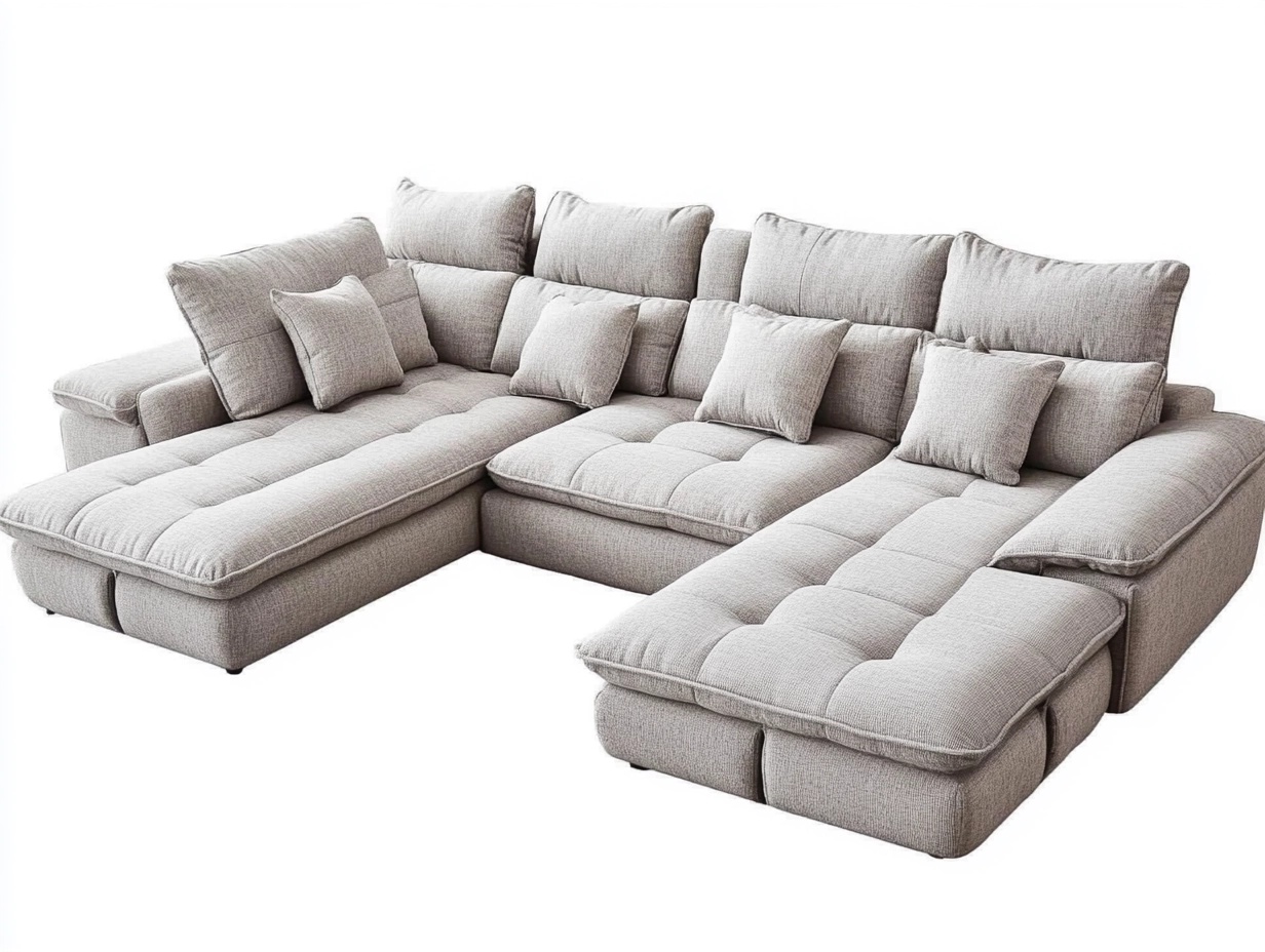 Sofá seccional grande de tela gris claro de 320x200x90 cm para salón con chaise longue y cojines modernos estilo contemporáneo wb4917537