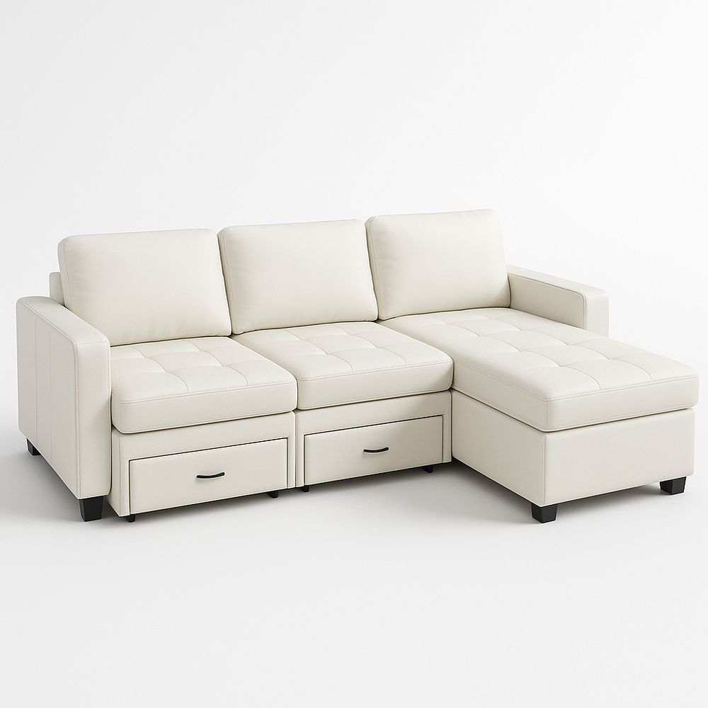 Sofá chaise longue crema de 3 plazas con compartimento de almacenamiento y reposabrazos, 270x150x90 cm