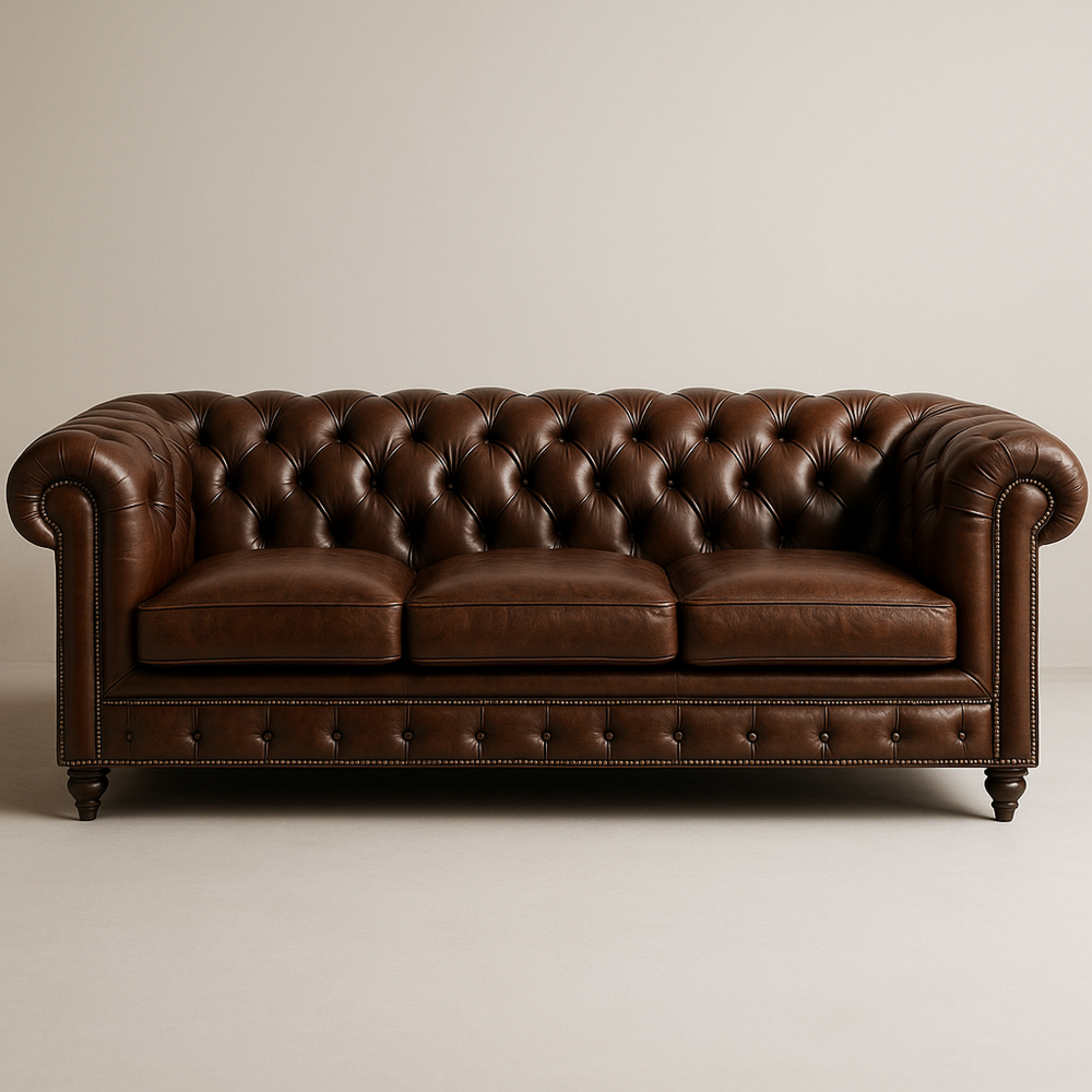 Sofá Chesterfield de 3 plazas en cuero marrón con capitoné y patas de madera maciza 220x95x75cm
