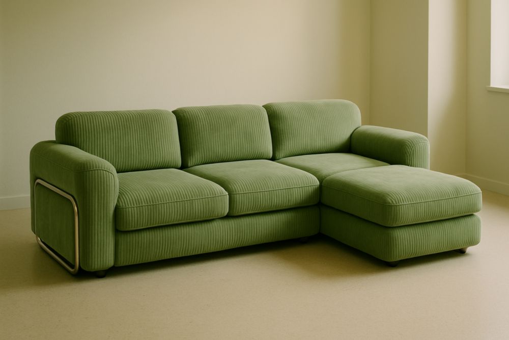 Sofá esquinero 3 plazas tela pana verde con chaise longue estructura metálica