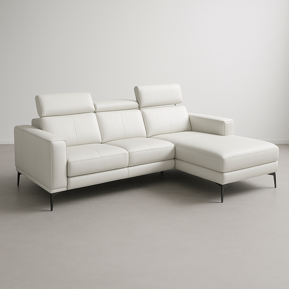 Sofá Esquinero de Piel Sintética Blanco con Asiento Reclinable, Chaise Longue y Patas de Acero al Carbono, 270 x 160 x 90 cm