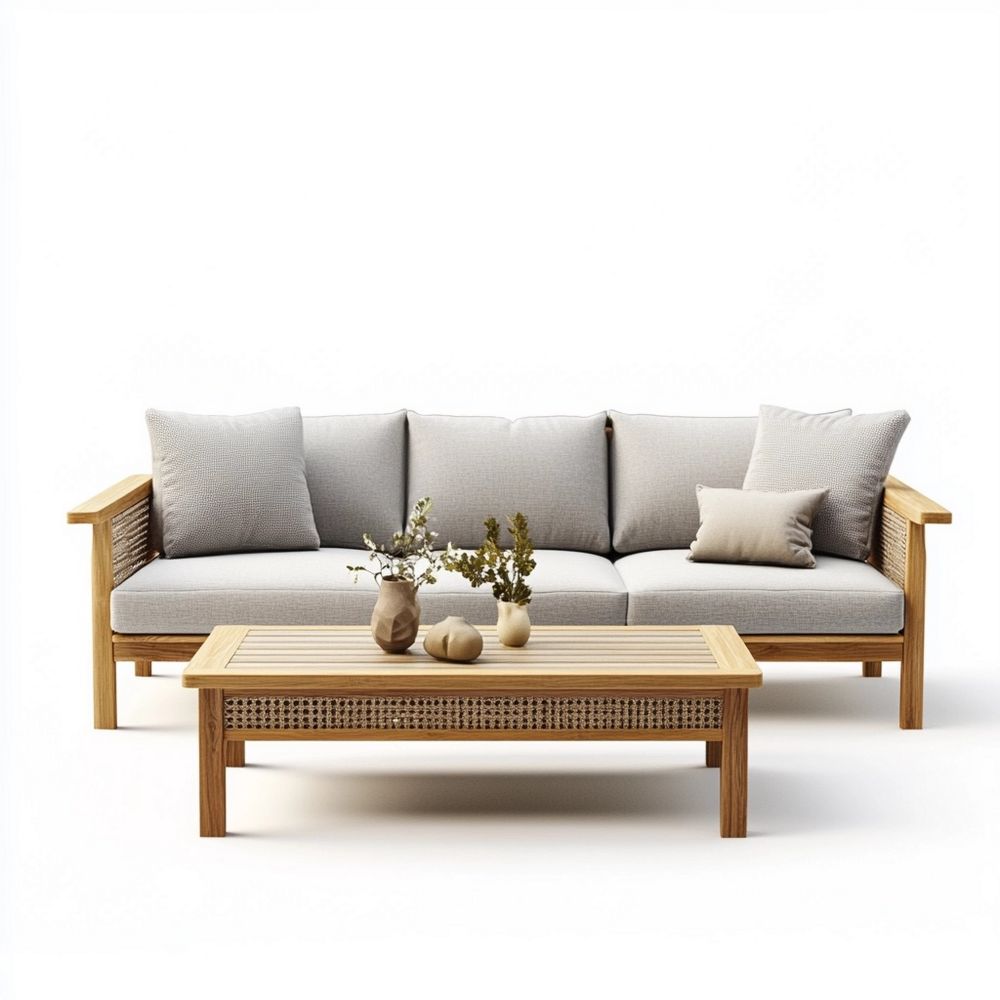 Sofá de Madera y Tela para Salón Exterior Gris Claro 3 Plazas Cómodo y Elegante