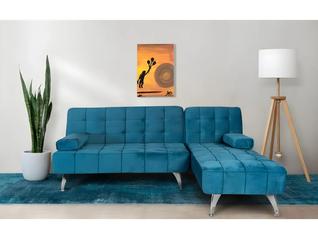 Sofá chaise longue Habitarluz-XS terciopelo de 3 plazas convertible en cama color AZUL 198x150cm 63107YFWH