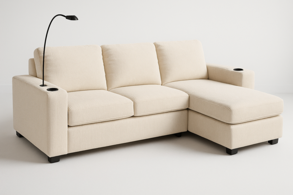 Sofá Chaise Longue Beige 3 Plazas con Lámpara LED y Portavasos