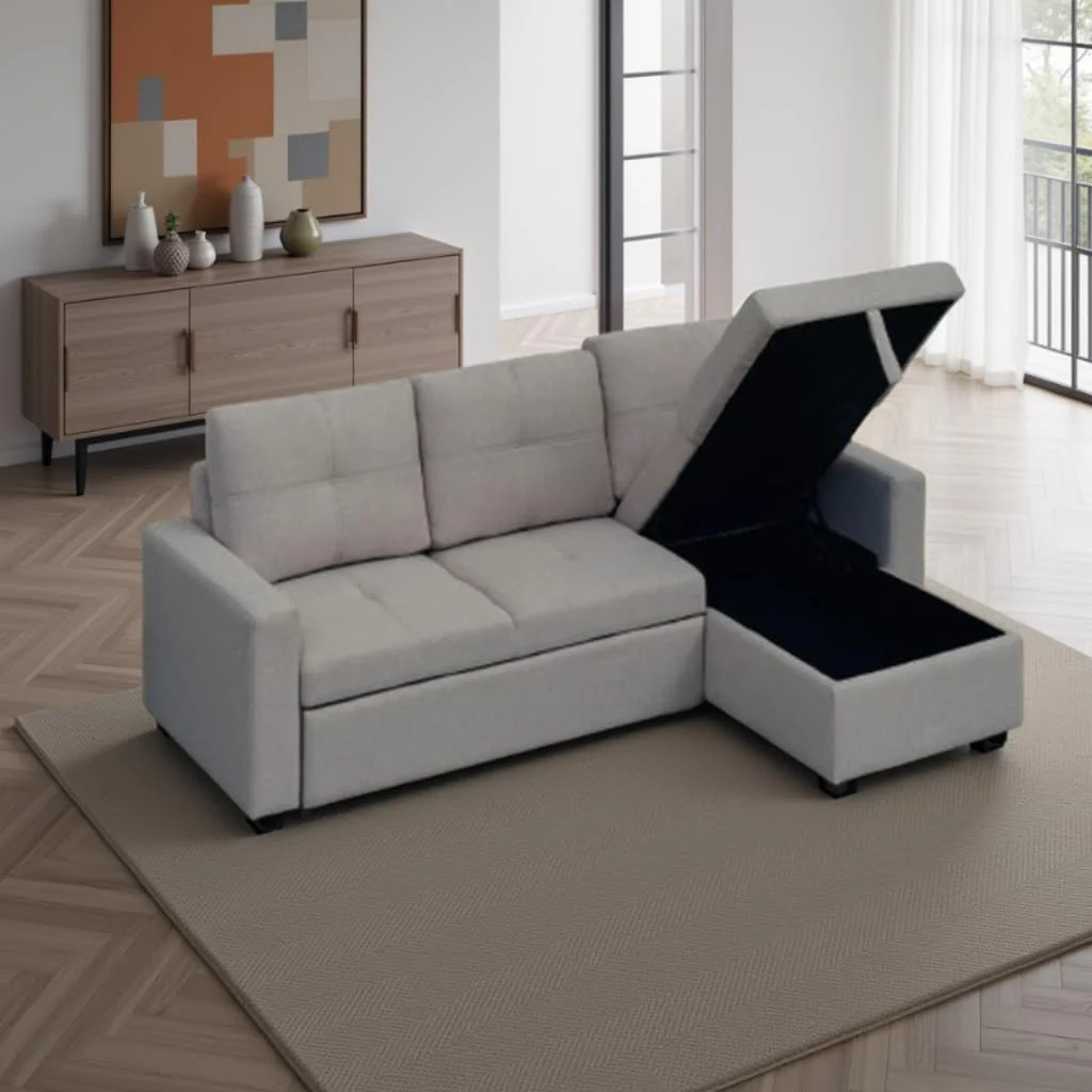 Sofá cama chaise longue reversible con arcón gris claro