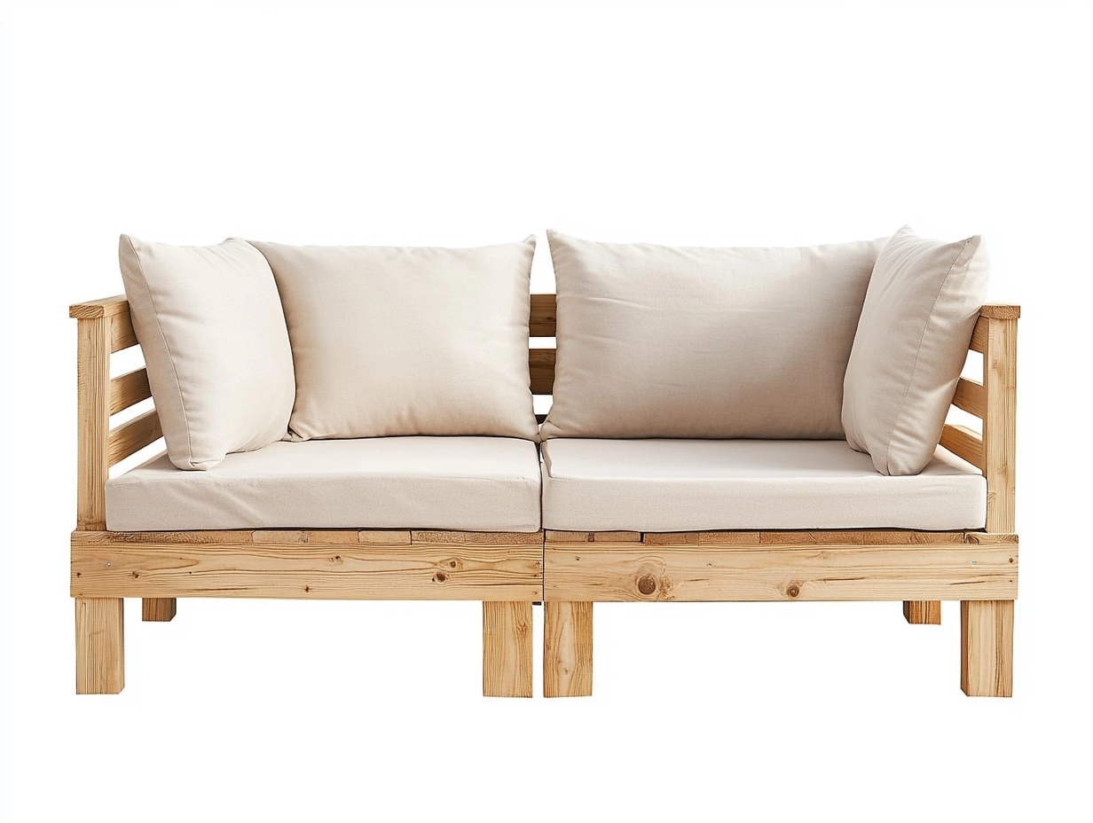 Sofá de dos plazas 120x70x75 cm para exterior e interior funcional estilo escandinavo madera de pino natural y cojines beige