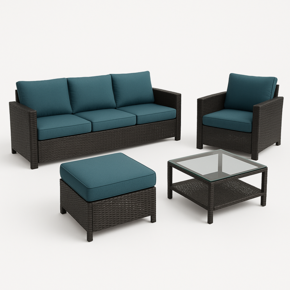 Conjunto de jardín 4 piezas: sofá 3 plazas, sillón, puf y mesa de centro de ratán sintético con cojines azules