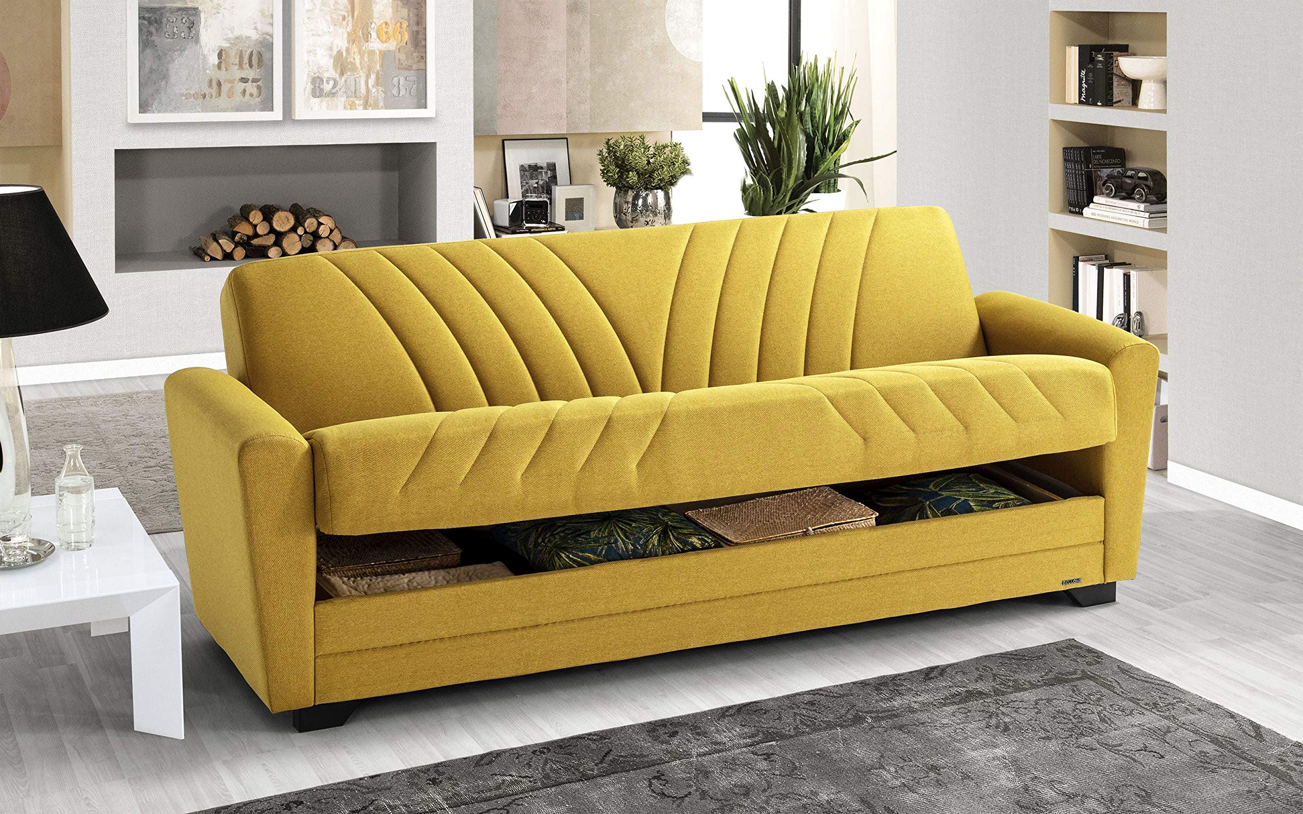 Sofá cama 3 plazas amarillo mostaza con compartimento