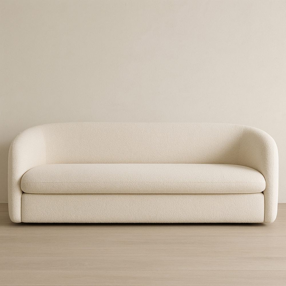 Sofá de 3 plazas en tela bouclé beige curvado 210x90x75 cm