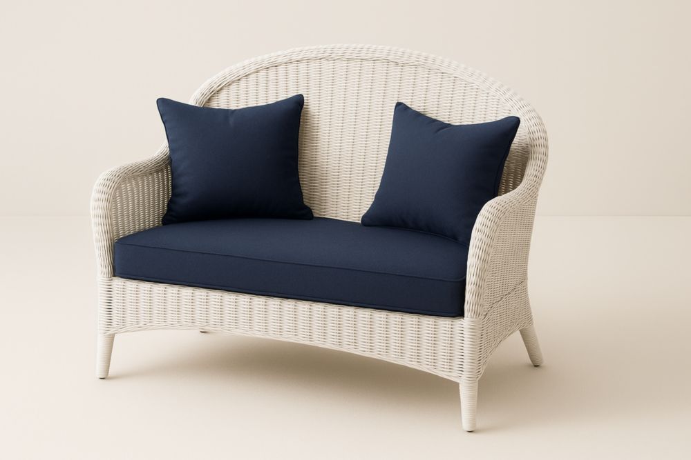 Sofá de ratán sintético para dos plazas con cojines de poliéster azules