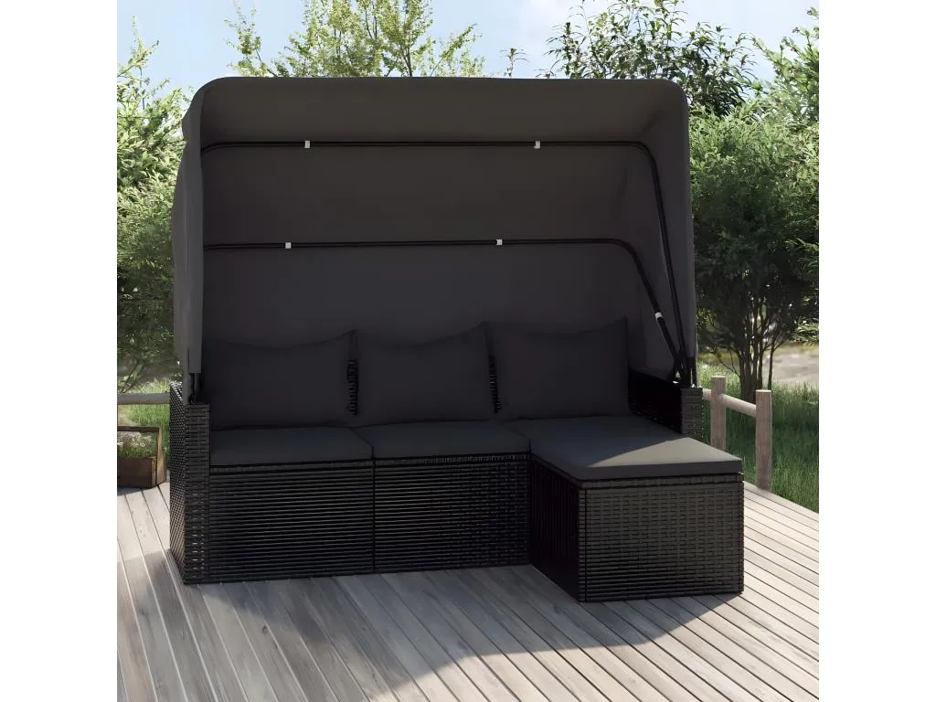 Sofá de jardín de 3 plazas con techo y reposapiés Negro
