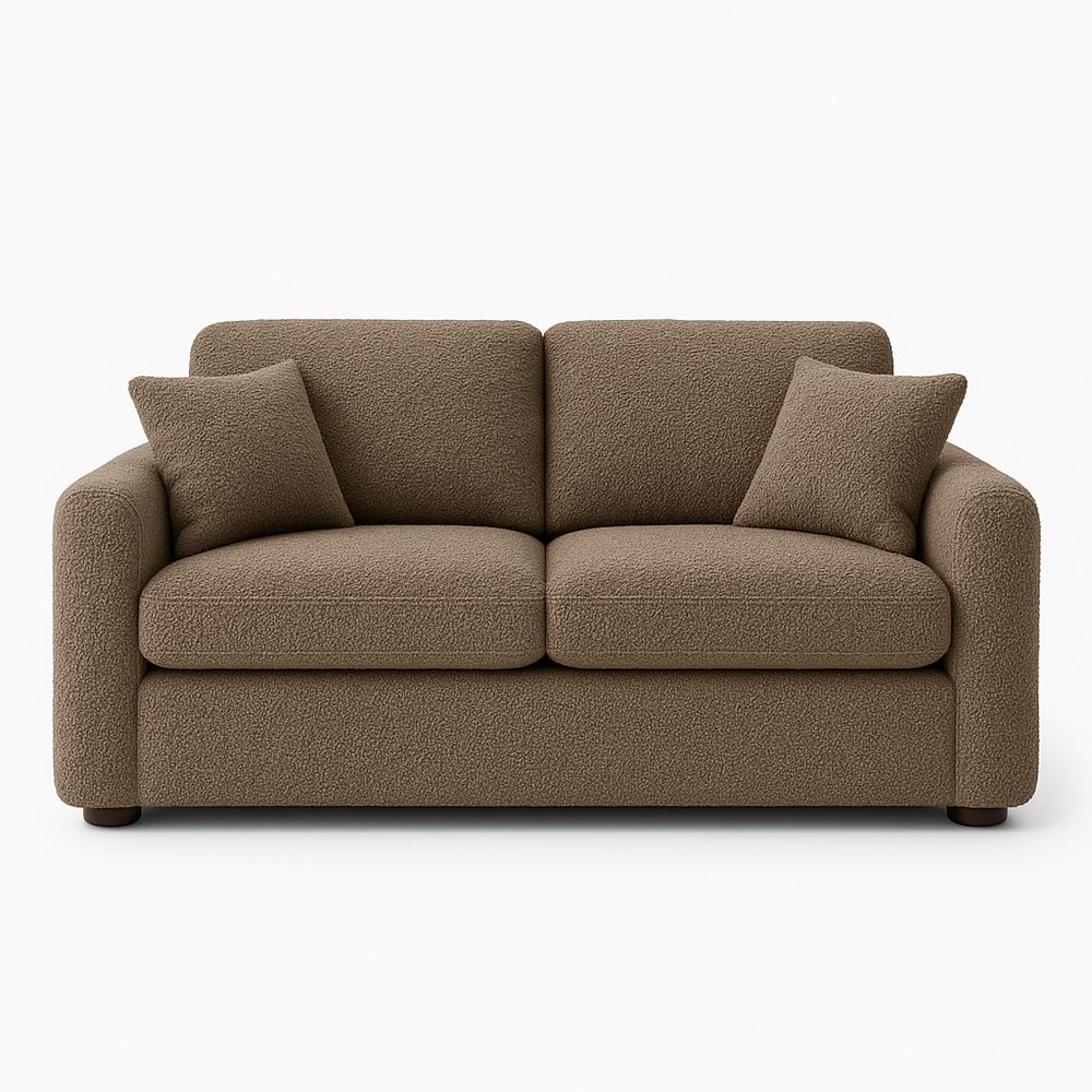 Sofá de dos plazas moderno con cojines, en tela suave de color marrón, diseño minimalista y estructura resistente