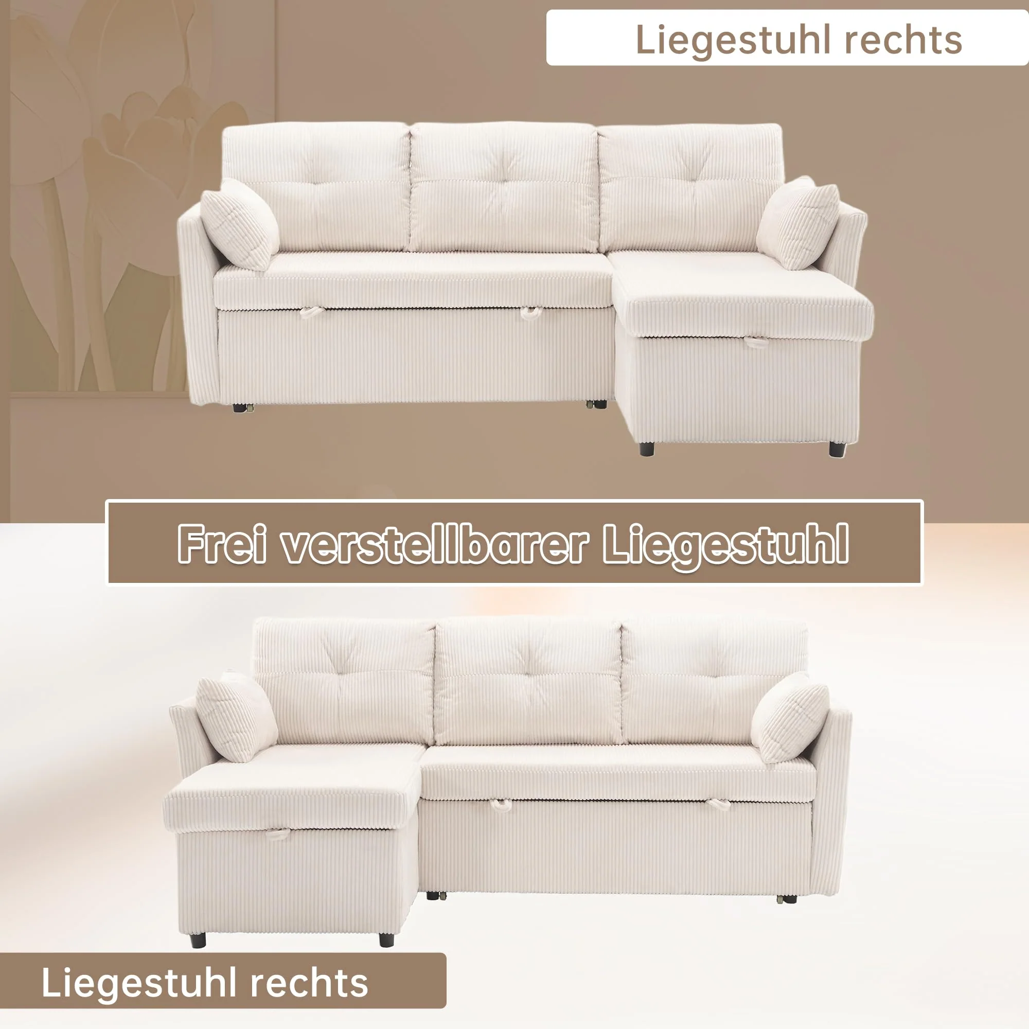 Sofá cama multifuncional en L beige con chaise longue