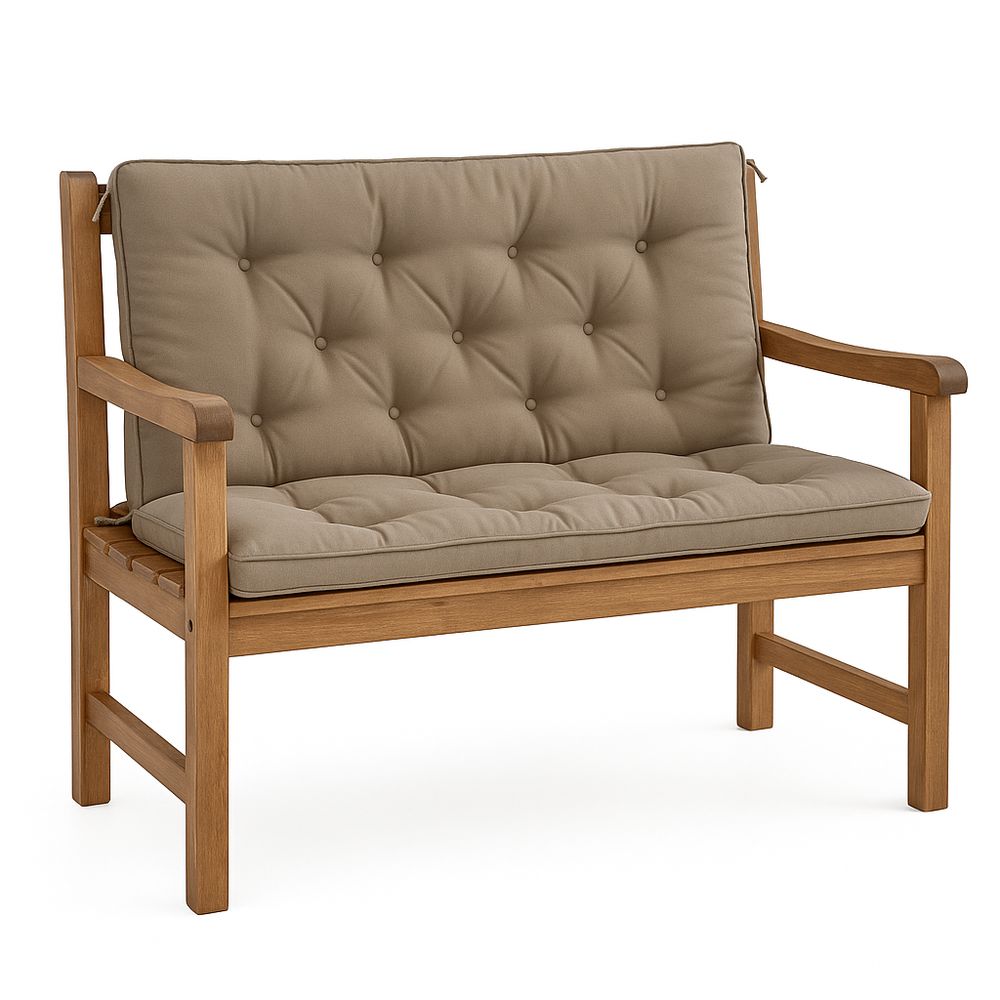 Sofá de dos plazas de madera con cojines beige, estilo contemporáneo, ideal para jardín y patio