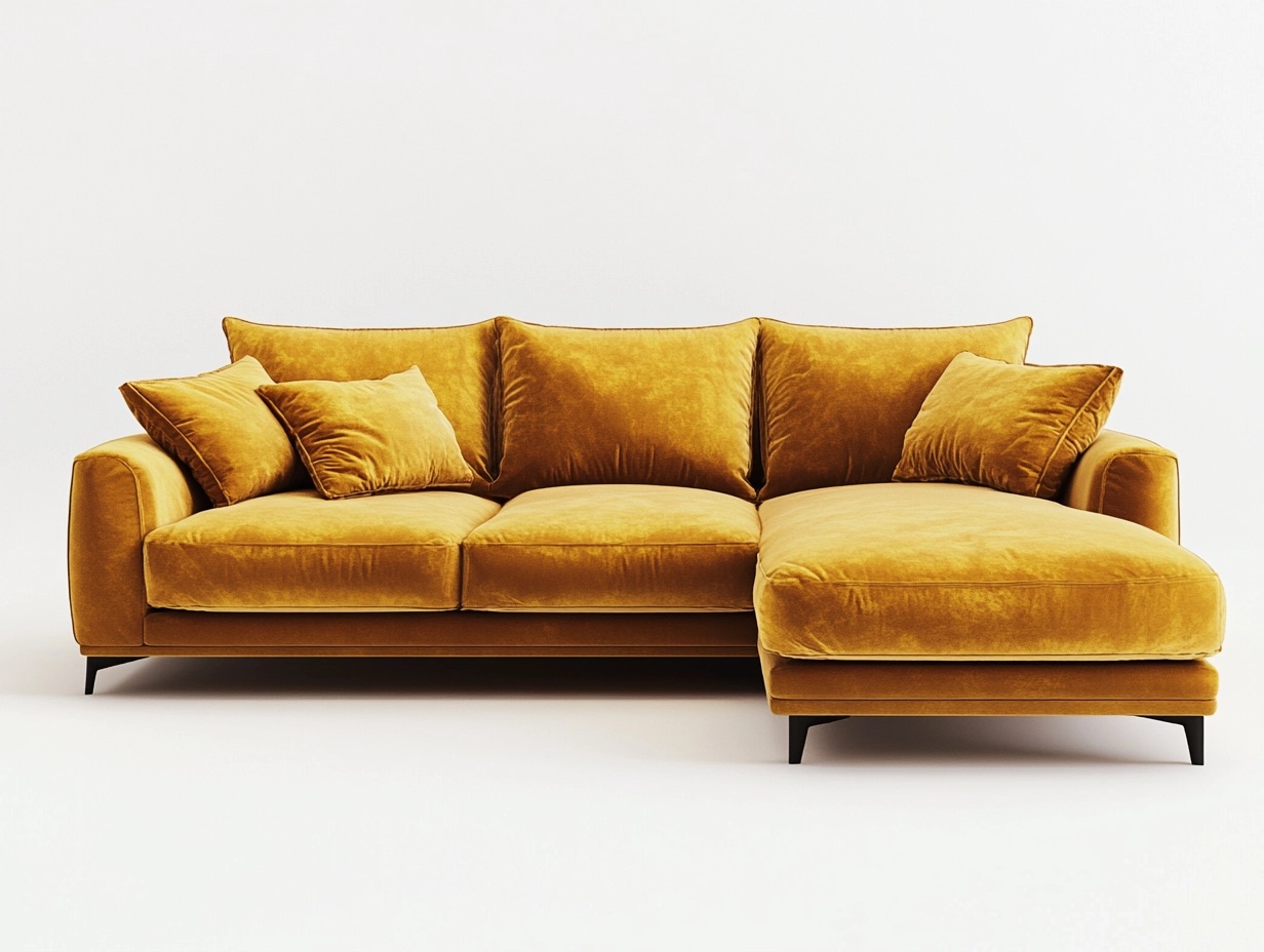 Sofá chaise longue esquinero grande para sala de estar funcional tapizado en terciopelo dorado con estructura de madera y patas metálicas 280x170cm tg6818673