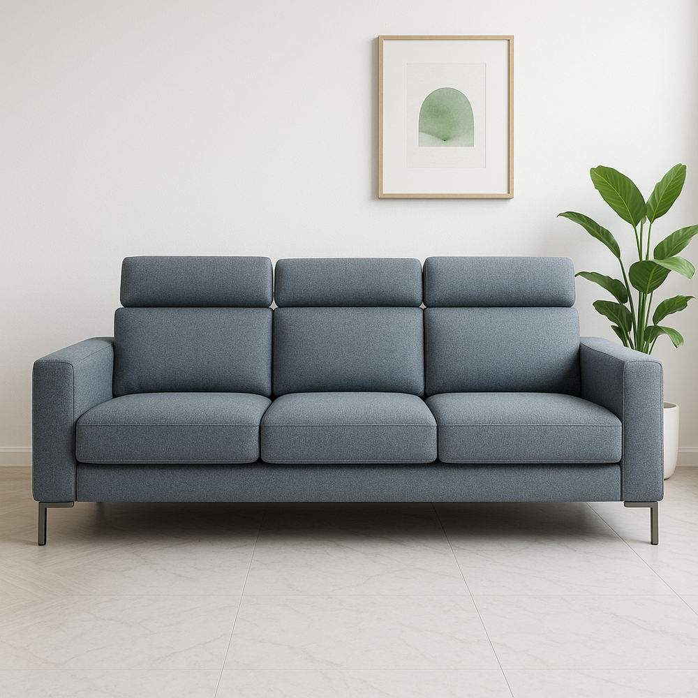 Sofá de 3 plazas en tela de poliéster azul con patas de acero al carbono, 210 cm x 85 cm x 90 cm