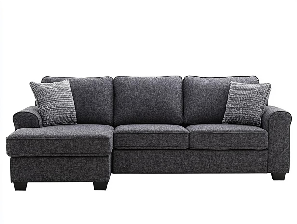 Sofá modular de tela gris con chaise longue