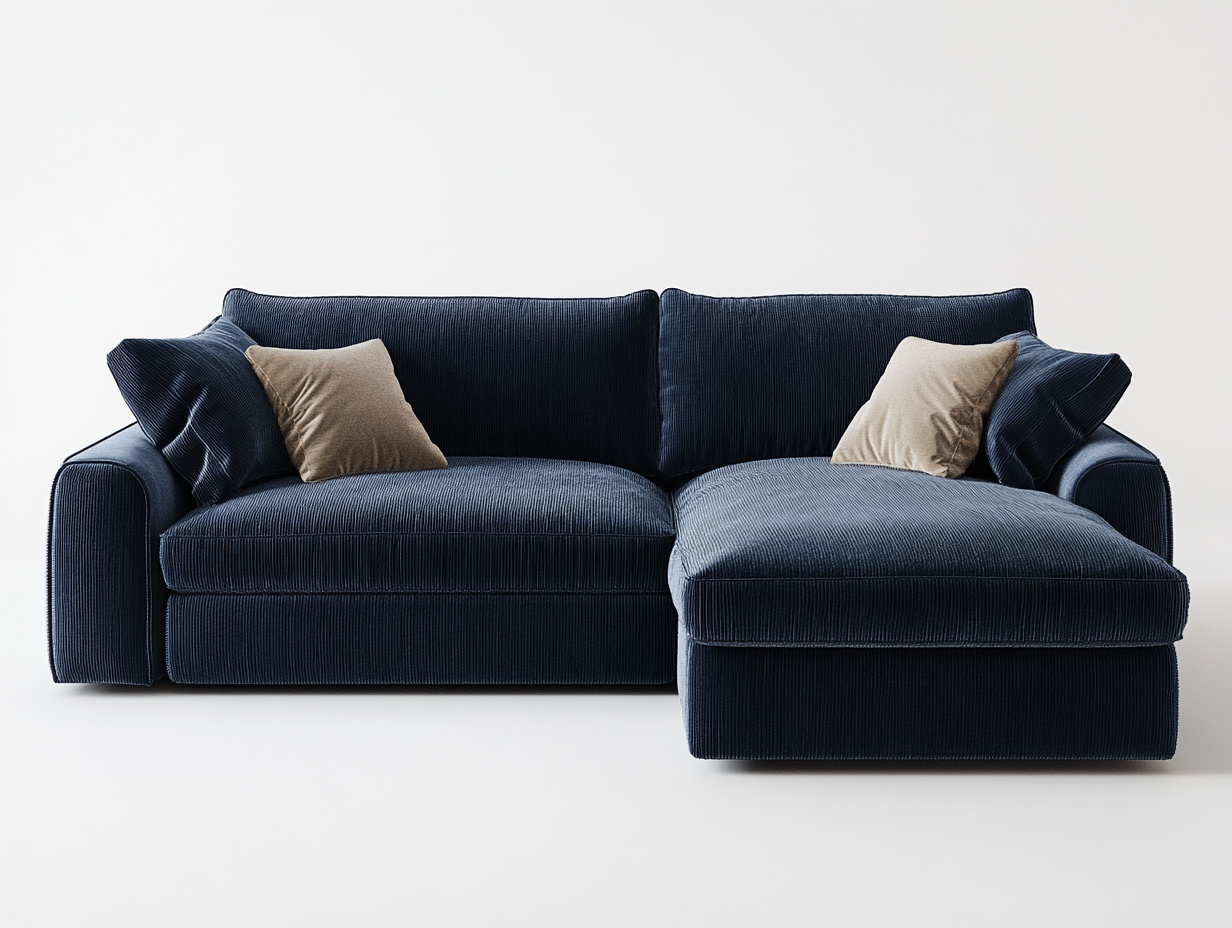 Sofá chaise longue en pana azul marino con cojines decorativos para salón contemporáneo XO8275759