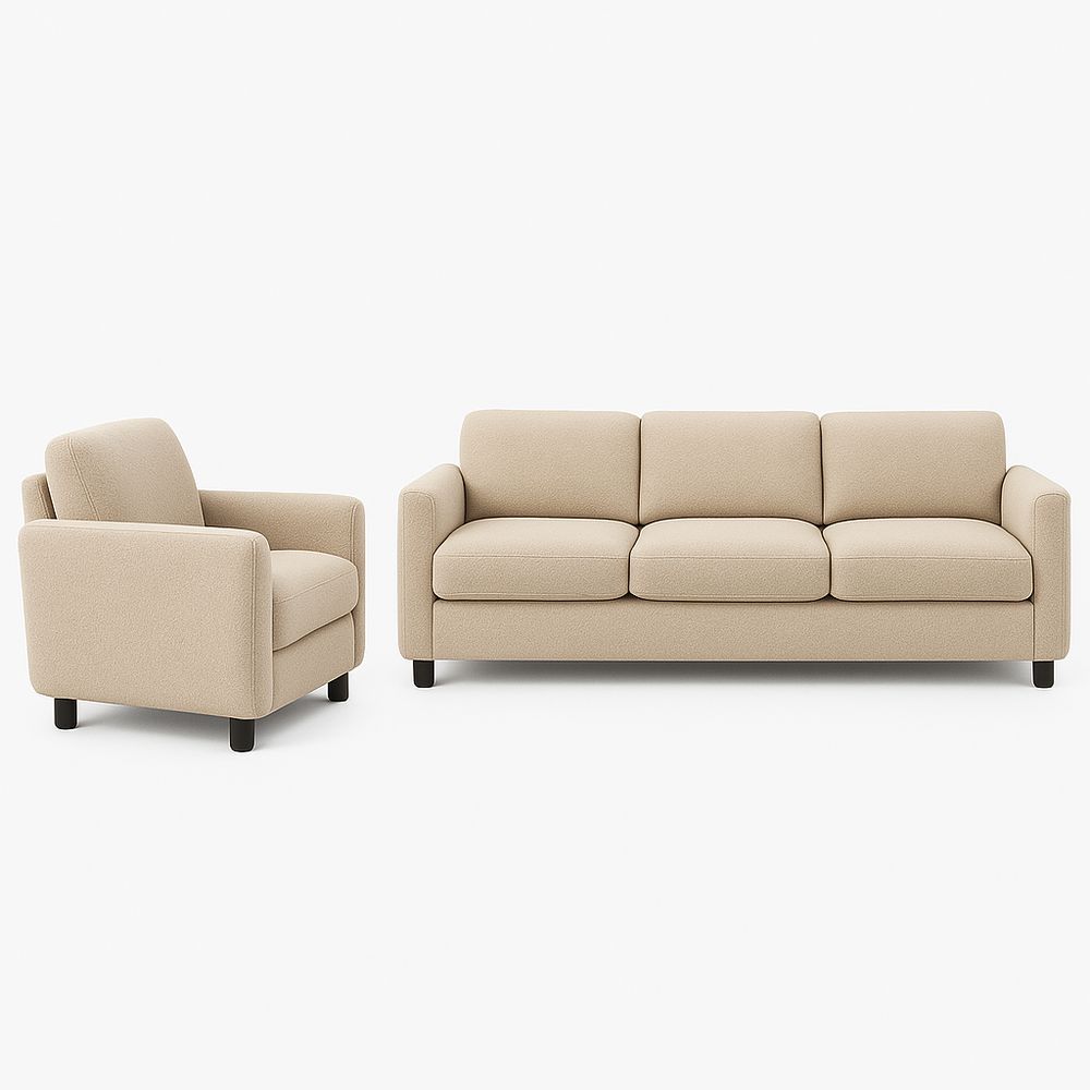 Sofá moderno de 3 plazas y sillón,tapizado en tela beige,estilo contemporáneo,estructura de madera,ideal para sala de estar